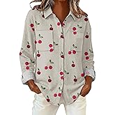 S-5XL Boho Button Shirts for Women Long Sleeve Womens Waffle Weave Blouses with Pockets Ladies Vintage Printed Tops