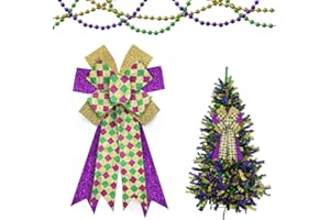 Estivaux Mardi Gras Bows - Large Glitter Green & Purple Buffalo Plaid Bows for Wreaths, Fat Tuesday & Holiday Decorations