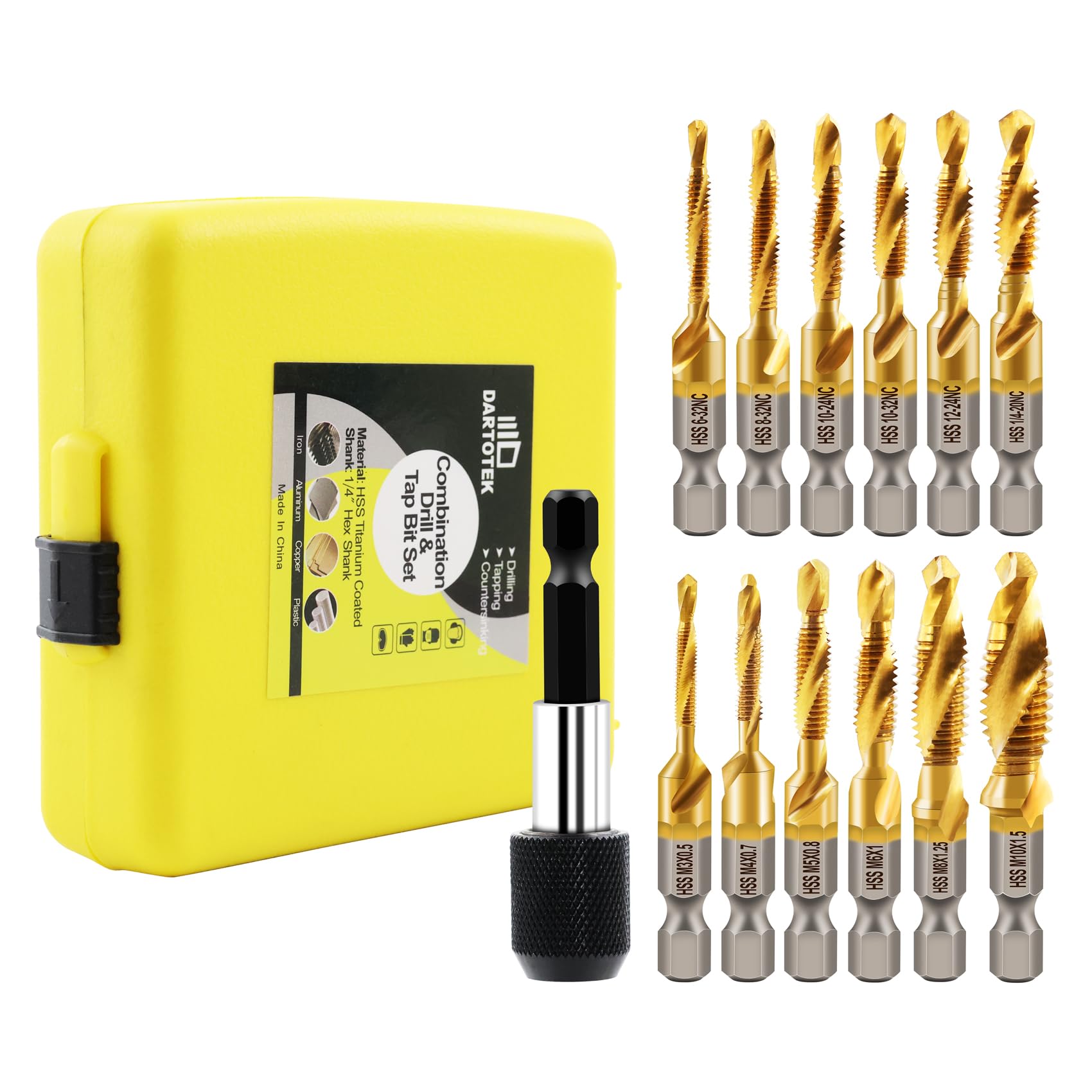 Combination Drill and Tap Bit Set,Titanium Coated Tapping Bit Tool 13pcs SAE/Metric Screw tap Drill bit for Drilling Tapping, Countersinking,with Quick Change Adapter — image 1