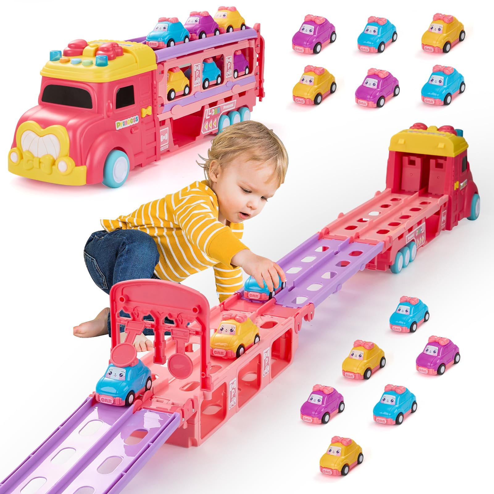 Warmiehomy Transport Car Toys for Girls Age 3 4 5 6, Pink Transport Truck Toy with 6 Cars, Foldable Transport Carrier Vehicle with Light Sound, Princess Gift Car for Toddler Age 3+