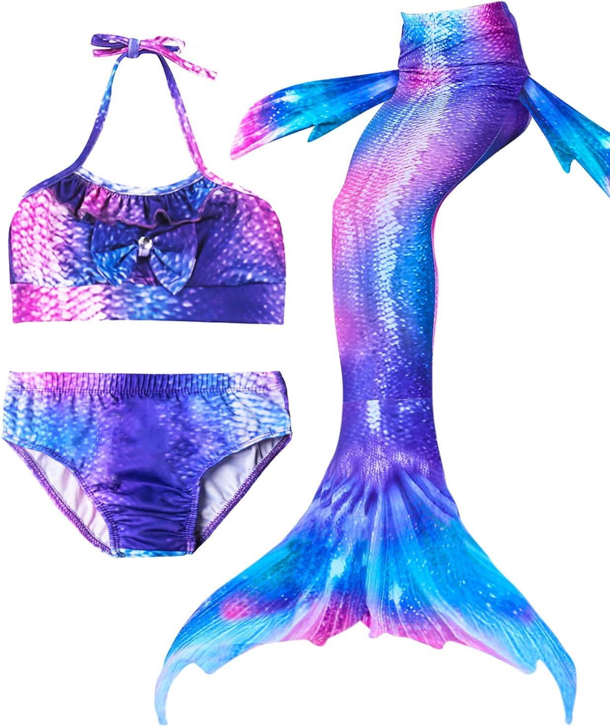 4 Pcs Girls Swimsuit Mermaid Bikini Set for Swimming with Monofin Mermaid Birthday Gift for Girls 3-14Y