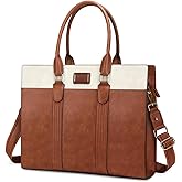 MOSISO Laptop Bag for Women, 15.6 inch PU Leather Laptop Tote Work Bags, 15.6-16 inch Large Capacity Double Vertical Stripes Computer Briefcase Waterproof Bag for Office Travel, Brown