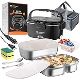 Annie & Mia Design 50-Ounce Electric Lunch Box for Adults, Dual Container Portable Food WarmerHeated Lunch Box, Home/Car/Office/Truck Use, Lonchera Eléctrica Portátil (black, 1.5L Dual Container)