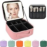 MORMID Travel Makeup Bag with LED Lighted Mirror, Travel Makeup Organizer,3 Color Setting Cosmetic Makeup Box, Adjustable Dividers and Brush Holder(pink)
