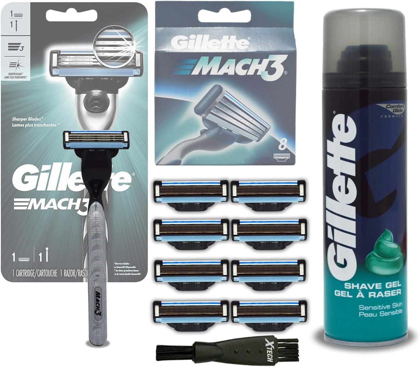 Gillette Men Mach 3 Razor And Blades Refills Kit: 8 Pack Of Mach3 Blade Cartridges & 1 Pack Mach 3 Razor & Gillette Sensitive Skin Foam Shaving Gel, Xtech Shaver Brush Compatible with Gillette.