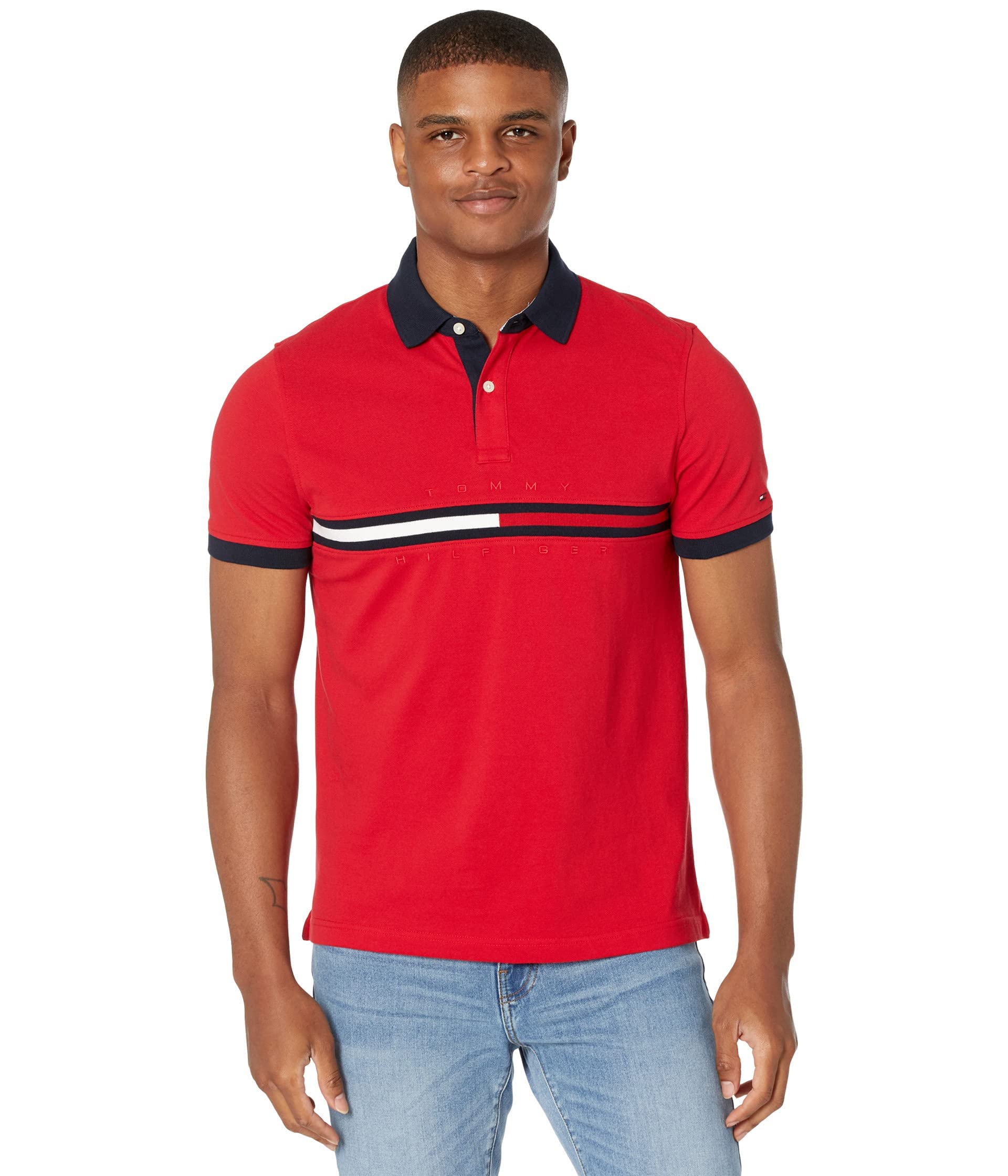 Tommy Hilfiger Mens Short Sleeve Cotton Pique Flag Graphic in Custom Fit Polo Shirt, Apple Red, X-Small US Image