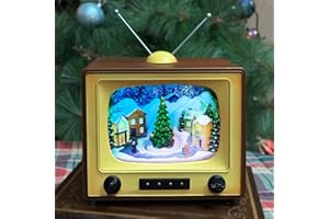 Moments in Time Animated Retro TV Christmas Village Scene 6” Hand-Painted Lighted Tabletop Décor with LED Lights, Moving Tree 8 Classic Songs Battery Operated Holiday Display