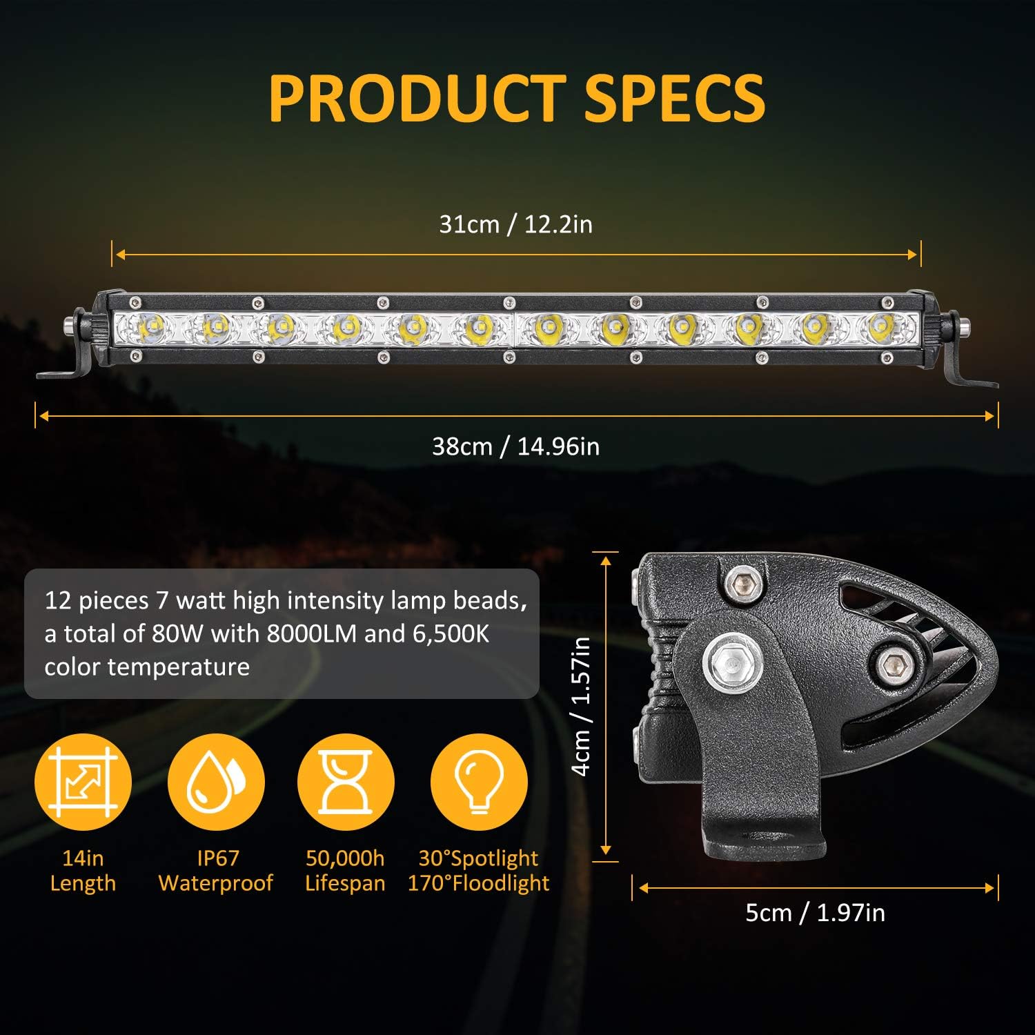 Zmoon Led Light Bar 14in Signal Row Light Bar 80W 8000lm Spot Flood Combo Off Road Light, Waterproof Slim Light Bar for SUV Jeep ATV Boat: Automotive