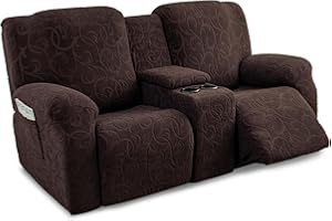 YUEANG Recliner Loveseat Cover with Center Console, 2 Seater Jacquard Recliner Sofa Slipcover with Pockets Washable Stretch Reclining Couch Covers Furniture Protector with Elastic Straps (Coffee)