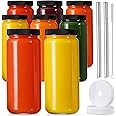 [ 8 Pack ] Glass Juicing Bottles with 2 Straws & 2 Lids w Hole- 16 OZ Travel Drinking Jars, Water Cups with Black Airtight Li