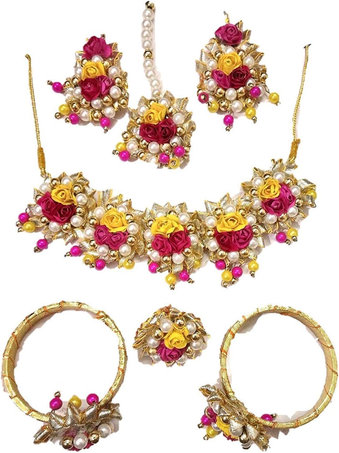StunningEra Yellow and Pink Fabric Plastic Flower Jewellery Set for Women