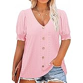 Beautife Womens Plus Size Tunic Tops V Neck Short Puff Sleeve Tops Casual Summer Eyelet Blouses