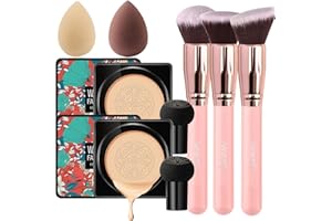 Amazfly 2 PCS Air Cushion CC Cream Mushroom Head Foundation, Moisturize BB Cream Makeup Long Lasting Matte Concealer Bright Makeup Base with Mushroom Makeup Sponge and Powder Brush (Natural)