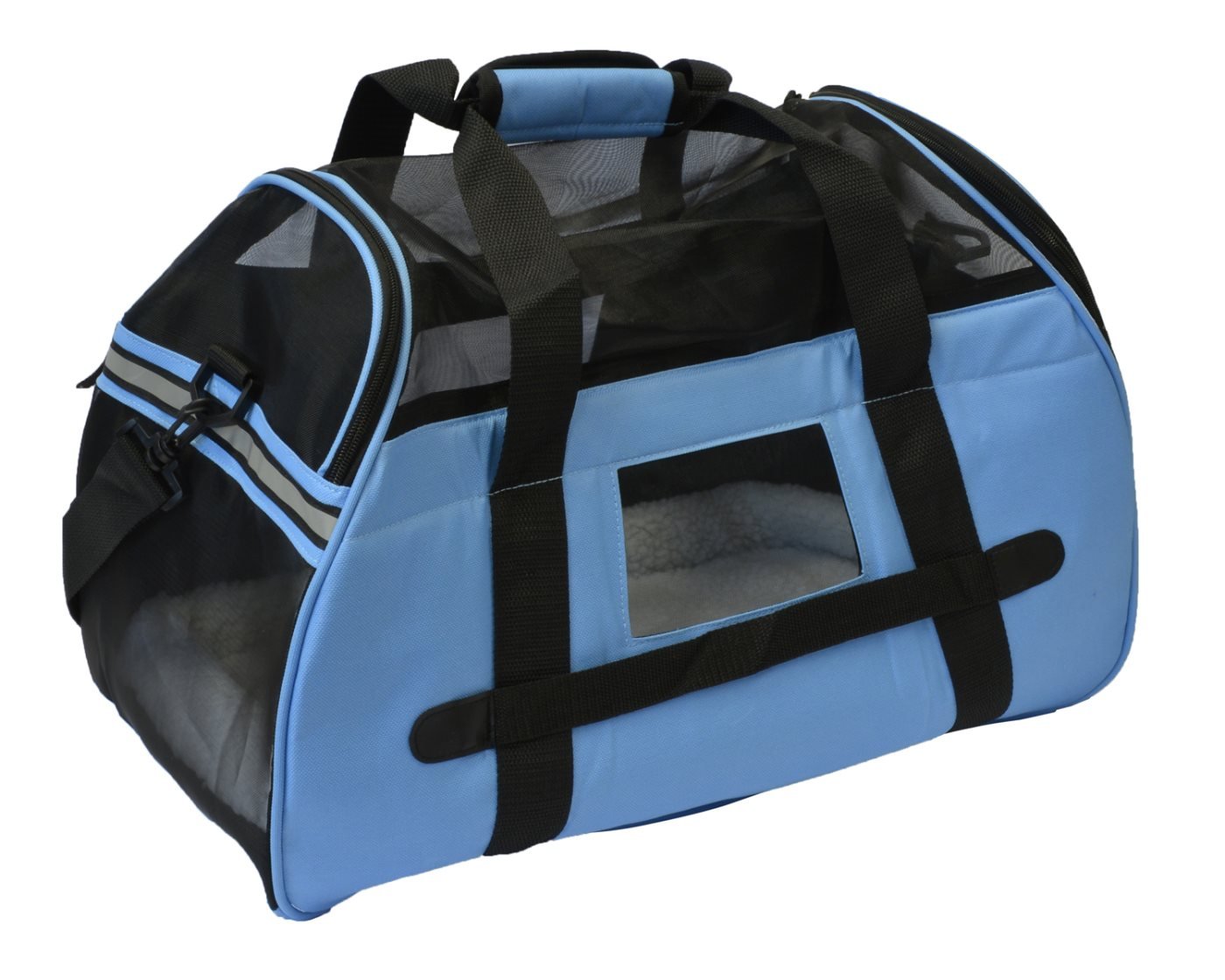 KritterWorld Soft Sided Pet Travel Carrier for Small Dogs and Cats Puppy Small Animals Airline Approved | Removable Sherpa Lining Bed, Built-in Collar Buckle, Lost & Found Tag Included by Blue