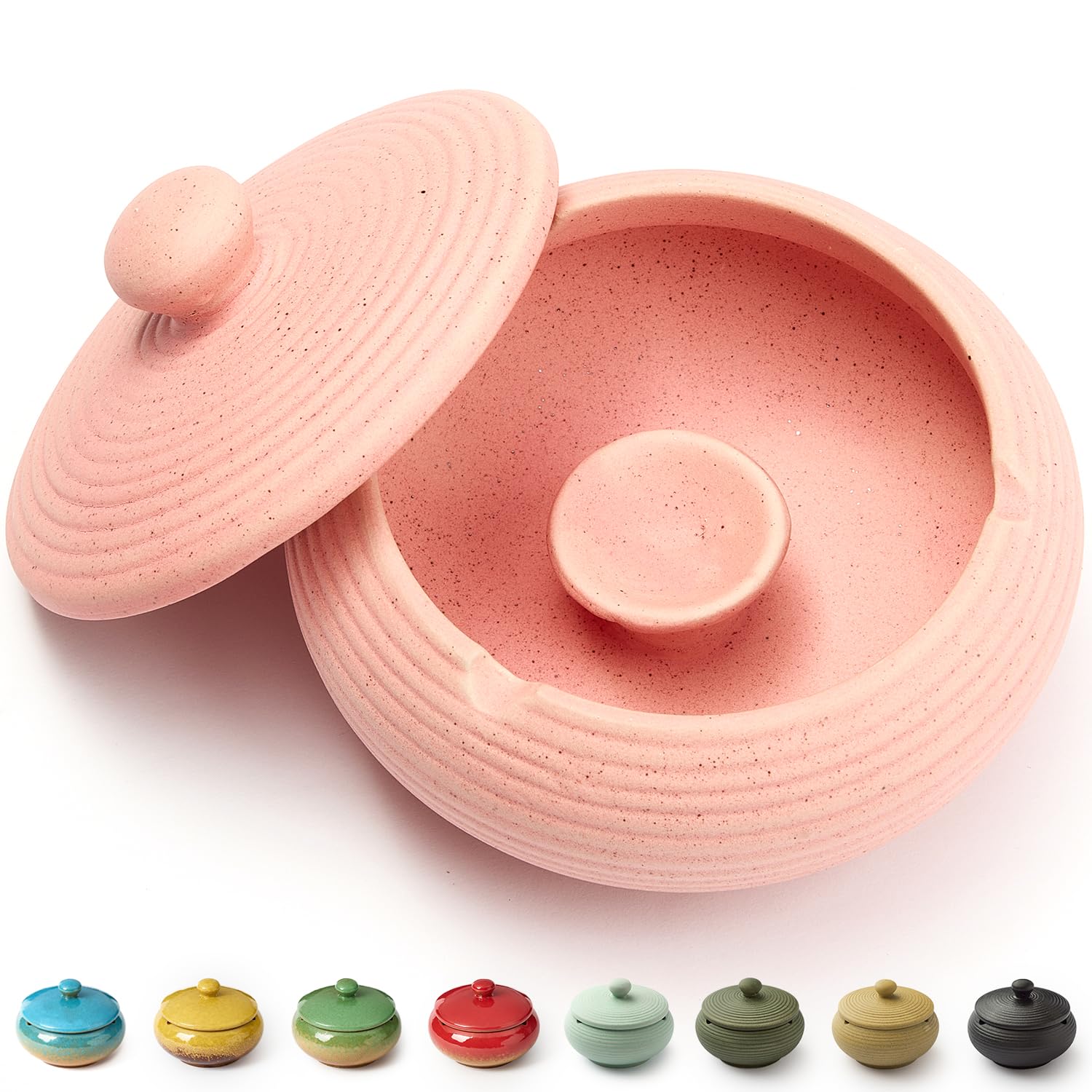 Ashtray with Lid for Outside Patio, Windproof Ash tray, Ceramic Smokeless Ashtray for Outdoor Home Office Tabletop Patio Outdoor Balcony, Pink