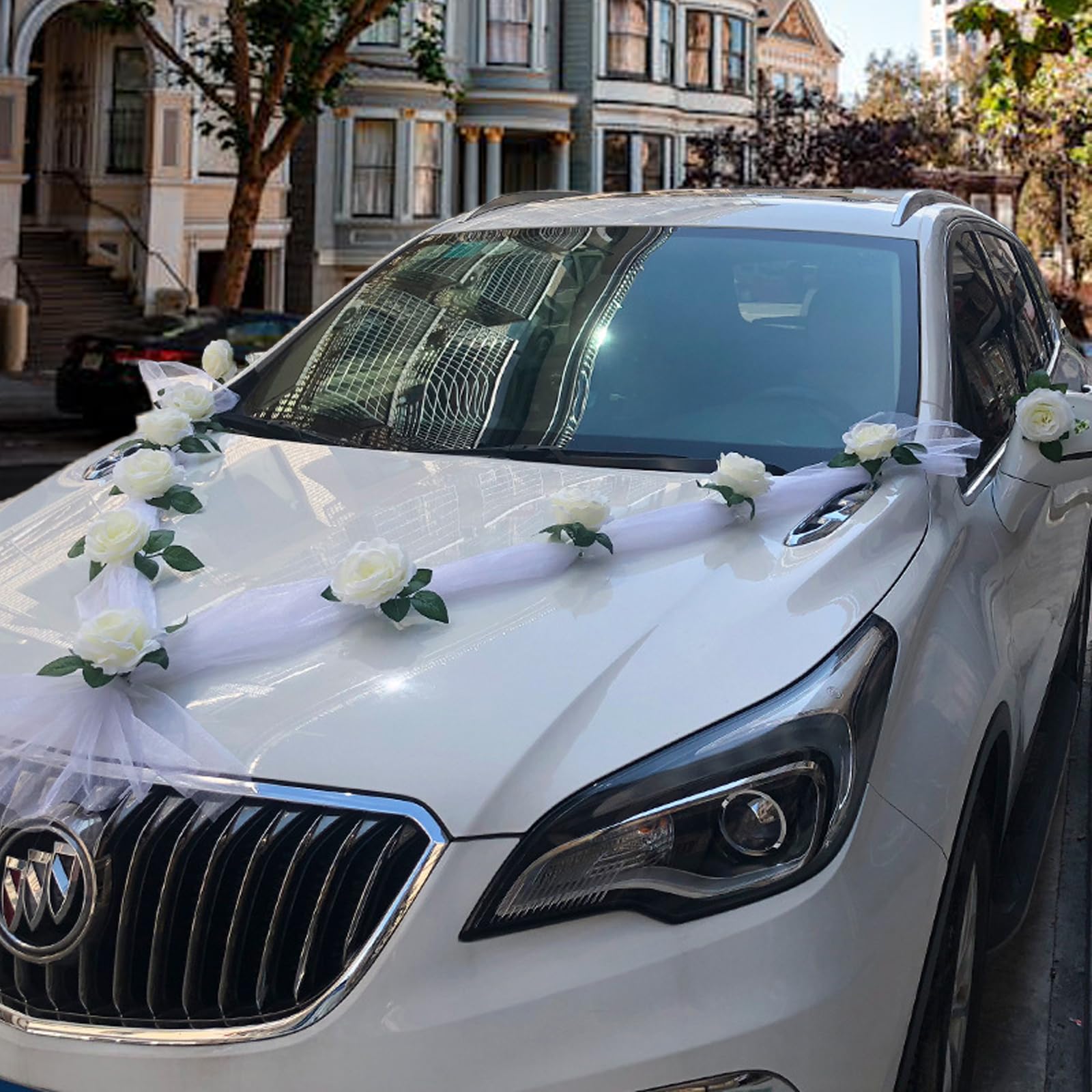 Car Decoration Wedding Garland Wedding Jewellery White Gauze Rose Decoration Set with Suction Cups Car Jewellery Bridal Couple Rose Decoration Car Wedding