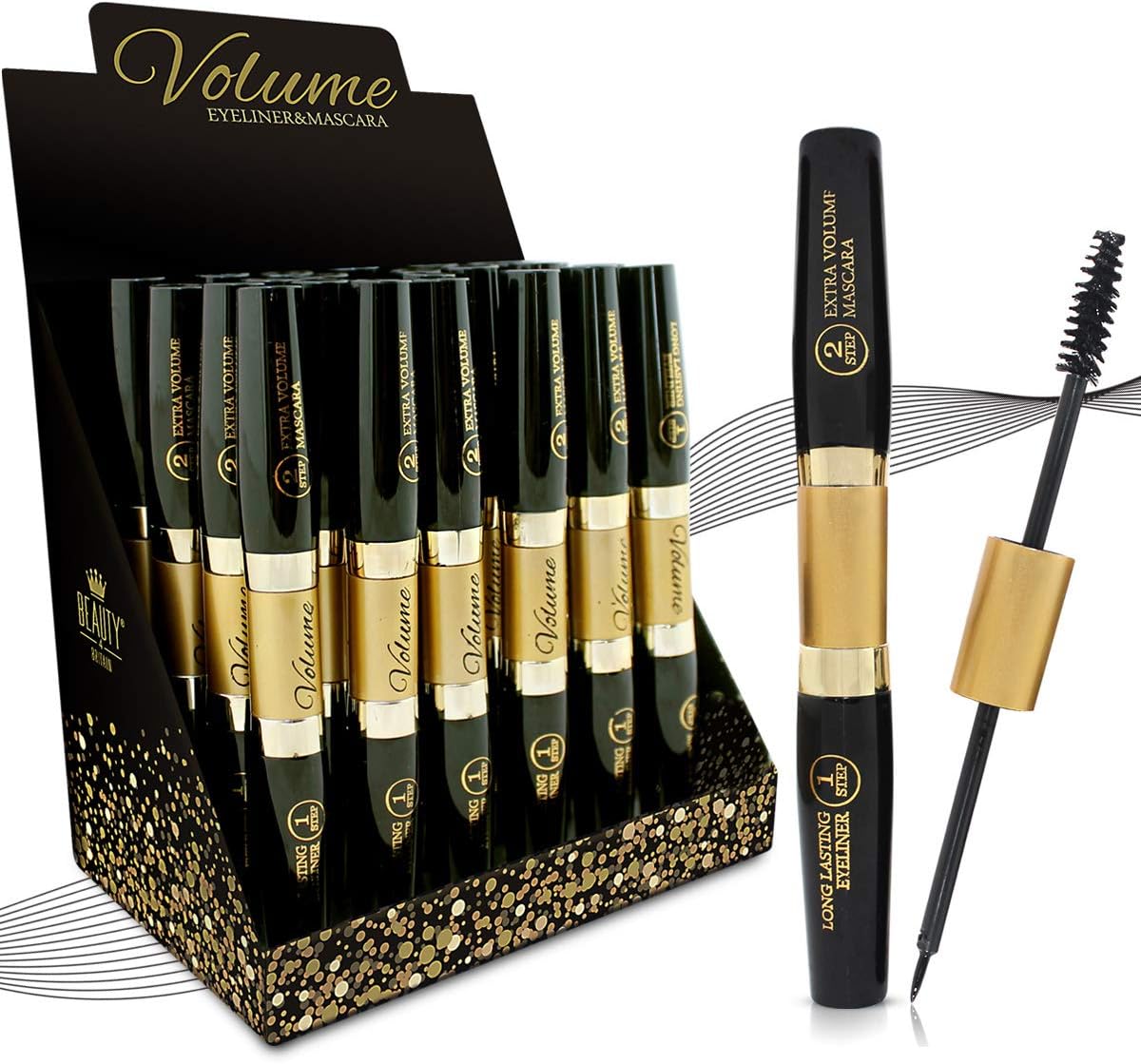 24 x 2IN1 BLACK MASCARA & BLACK EYELINER LUXURY BOX JOB LOT WHOLESALE UK