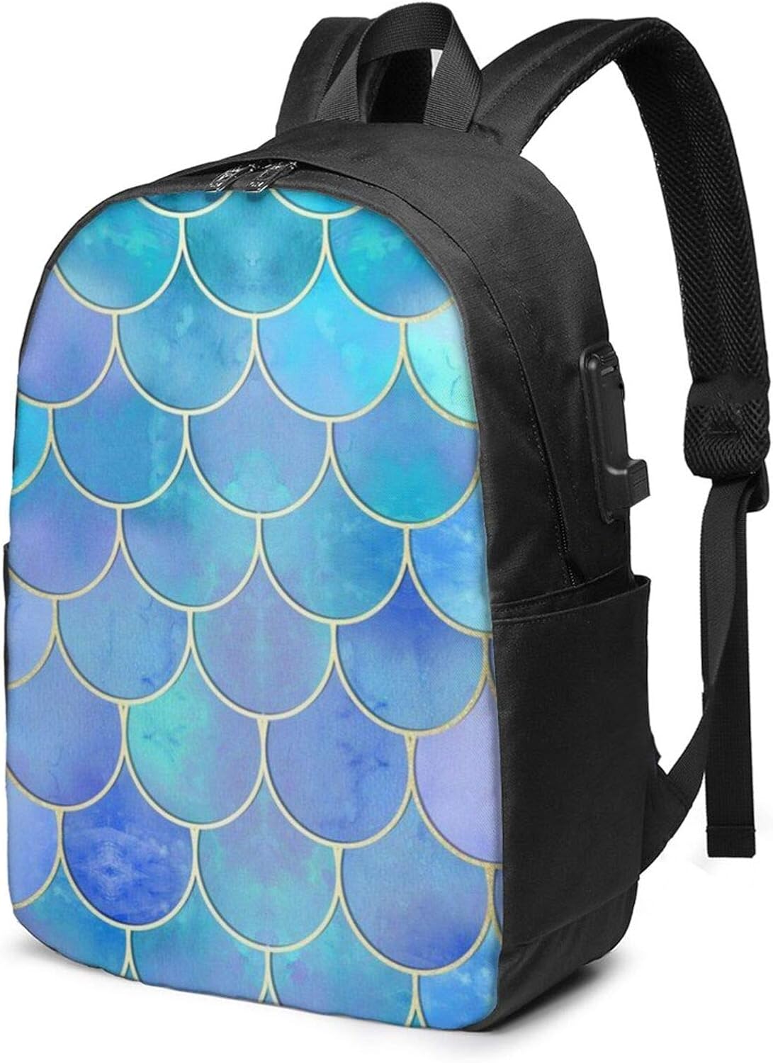 Gold Mermaid Scale Backpack, Travel Laptop Backpack with USB Charging