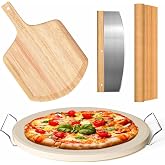 Gyreuni 13 Pizza Stone for Oven and Grill with Pizza Peel, Baking Stone Set | Complete baking stone set:13'' pizza stone, pizza peel, serving rack, pizza cutter and cooking paper for pizza, bread,BBQ