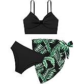 MIGU Girls Swimsuit Bathing Suit Solid Color Twist Cross Tropical Floral 3 Piece Girls' Swimwear Bikini with Cover Up 9-16T