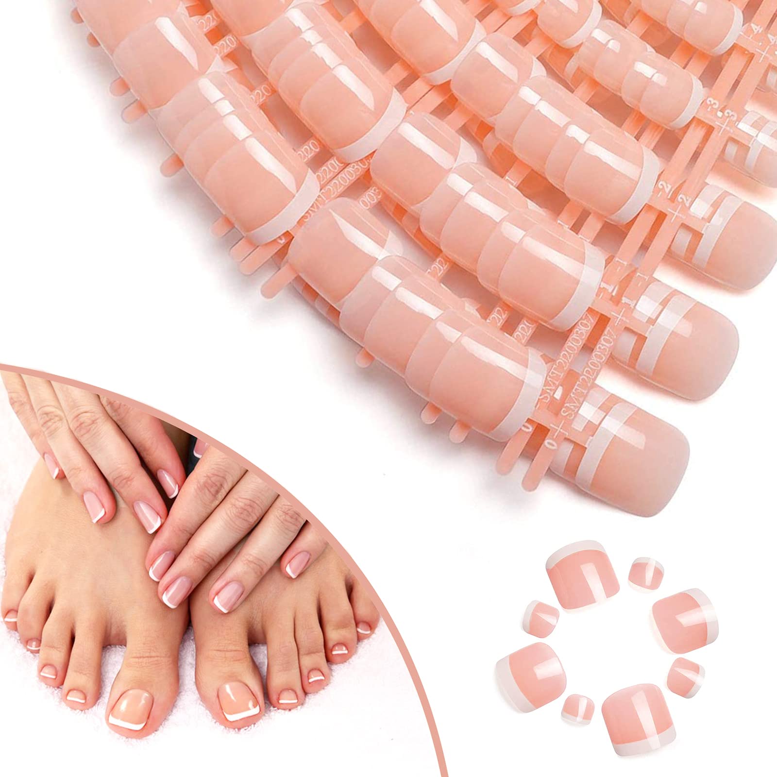 foreverLily 140 PCS French Short Toenails 14 Size Stick on Press on Artificial Natural Full Coverage Fake Toe Nails