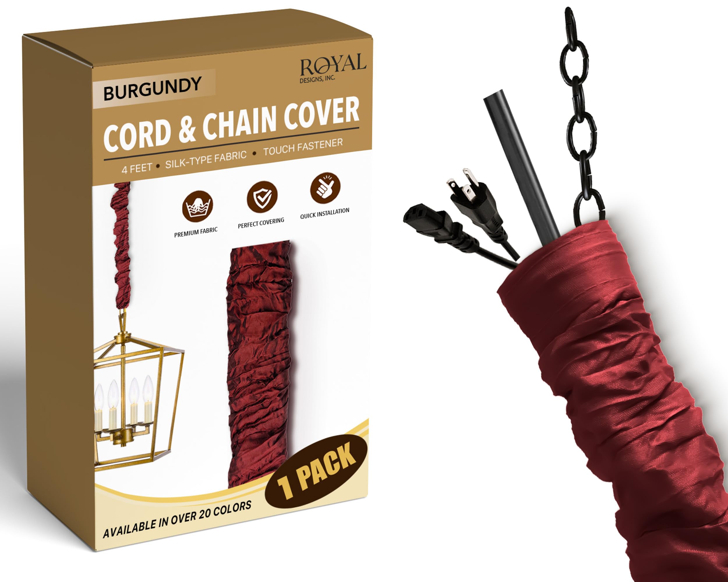 Royal Designs, Inc. CC-27-BUR Burgundy Cord & Chain Cover 4' Silktype Fabric Touch Fastener, Burgundy — image 1
