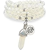 108 Natural Mala Prayer Beads Bracelet Necklace with Lotus Charm and Reiki Quartz Hexagonal Prism Pendant