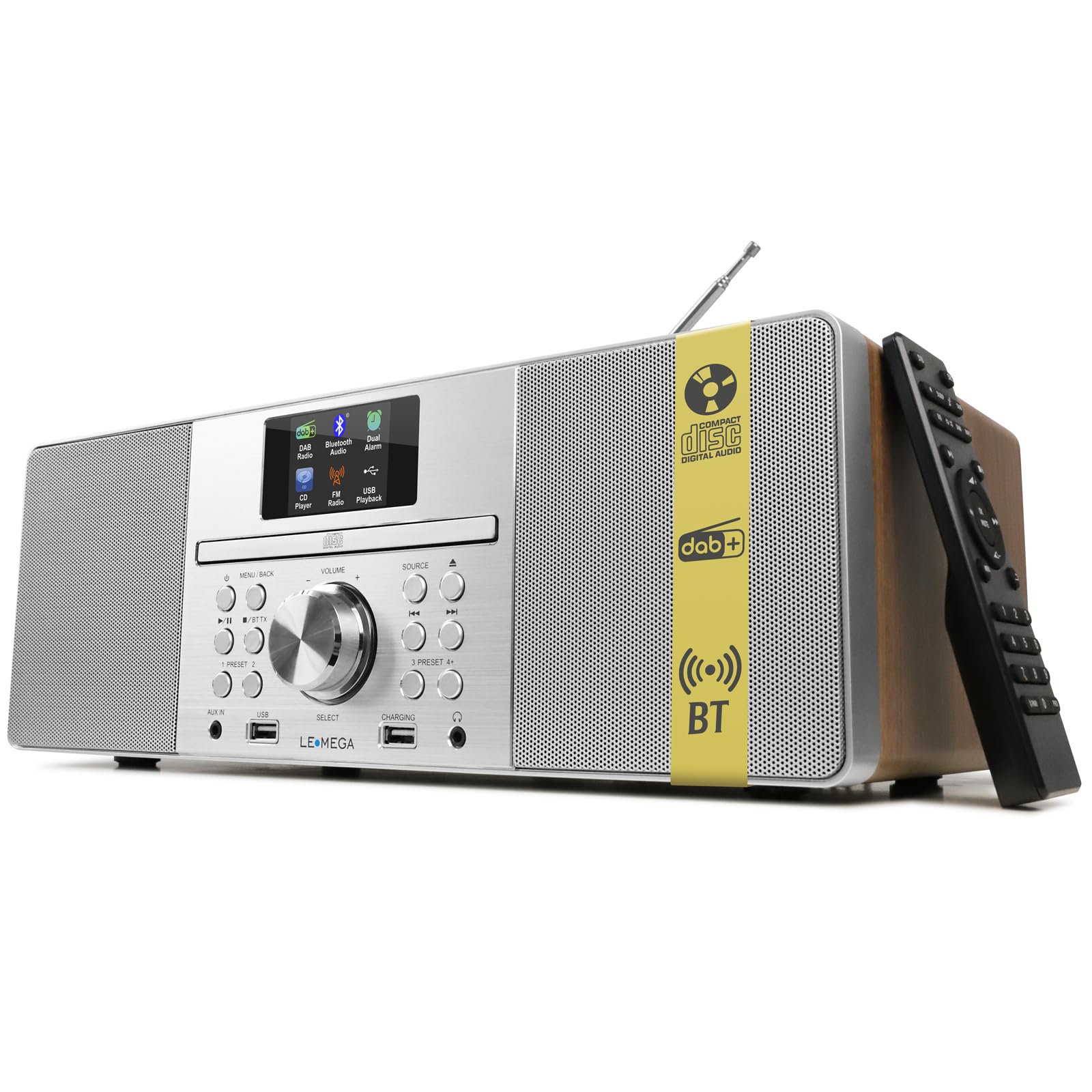 LEMEGA MSY1P CD Player with DAB/DAB+ & FM Radio, Bluetooth Streaming, 80W Stereo HiFi System, Full Colour Display, 60 Presets, Remote Control, Acoustic Wooden Cabinet,Walnut