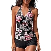 Women Two Piece Tankini Halter Padded Adjustable Drawstring Swimsuit with Boyshorts