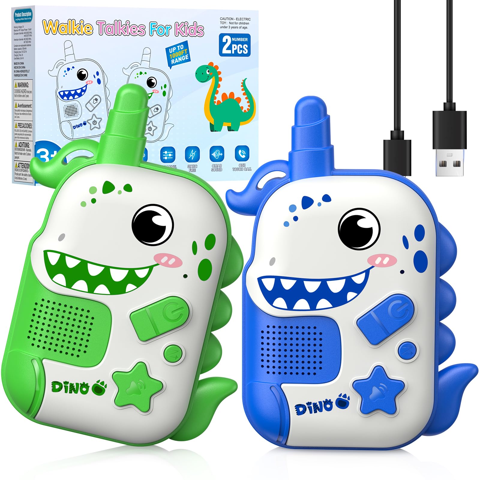 Wootoyz 2PCS Rechargeable Walkie Talkie for Kids,Dinosaur Toys for Boys 3 4 5 6 7 8 Year Old Boy Toy for Kids Age 3-9 Walkie Talkies Outdoor Toys Age 4-8 Birthday Easter Gifts Sensory Toy for Kid