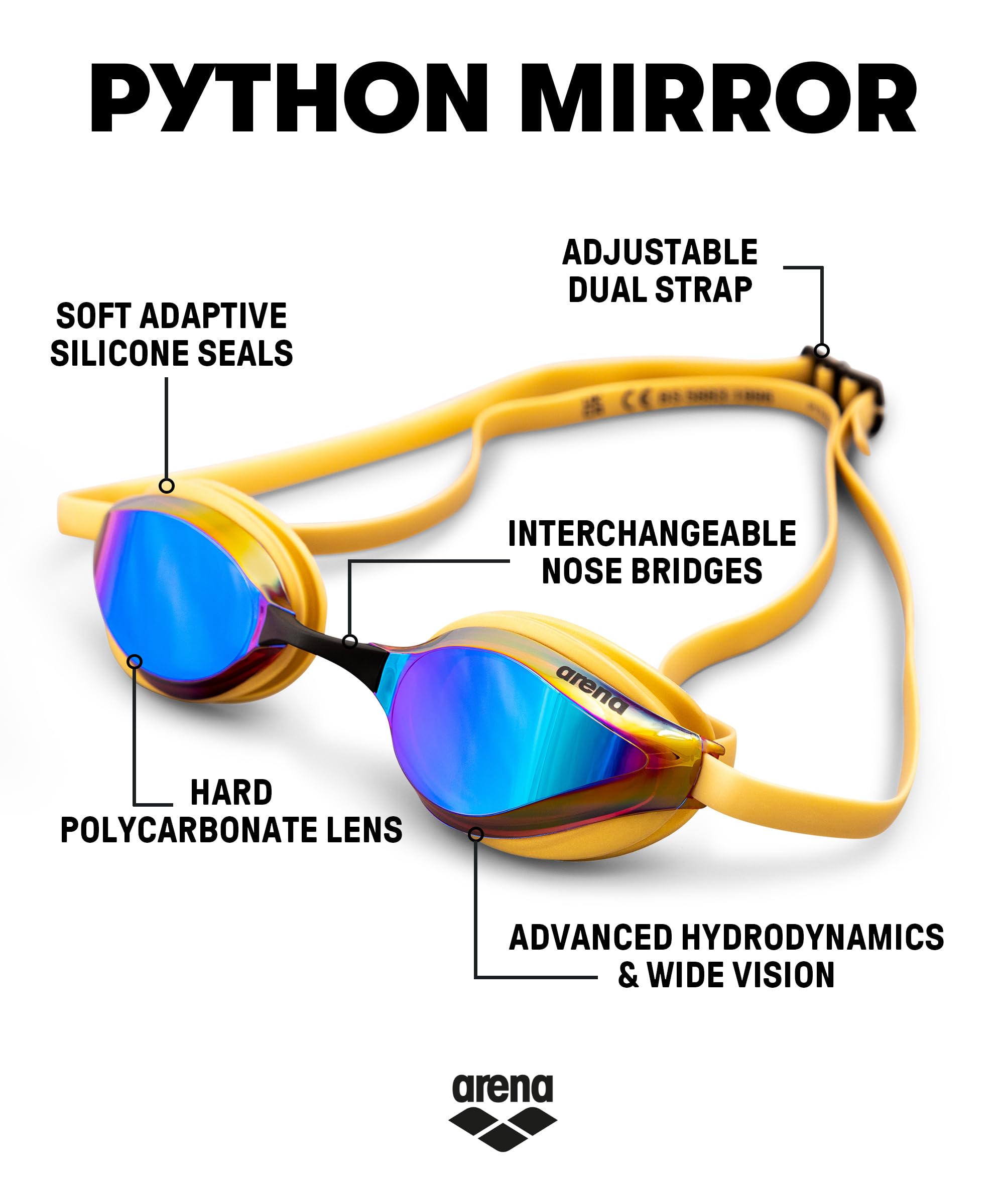 ARENA Unisex Python Racing Swim Goggles for Men and Women Anti-Fog No Leak Max Comfort Dual Strap, Mirror/Non-Mirror Lens