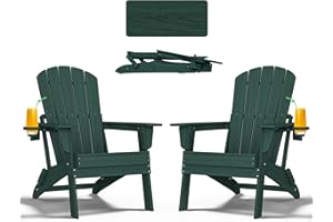 nevilywood Folding Adirondack Chair - Extended Ergonomic Backrest, Cup Holder - Easy Assembly - Durable HDPE Plastic, Weather Resistant & Maintenance-Free - Lawn, Patio, Deck Supports 400lbs Green
