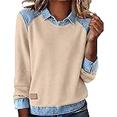 Denim Shirt for Women Collar Jean Long Sleeve Pullover Shirts Knit Cute Tops Vintage Waffle Casual Plus Size Sweater