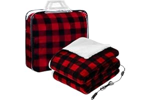 Riakrum 12v Heated Car Blanket 58" x 43" Fleece Electric Heated Blanket Portable with Temperature Controller USB Charger Car Outlet Adapter for Truck Winter Cold Weather(Black and Red Plaid,Checkered)