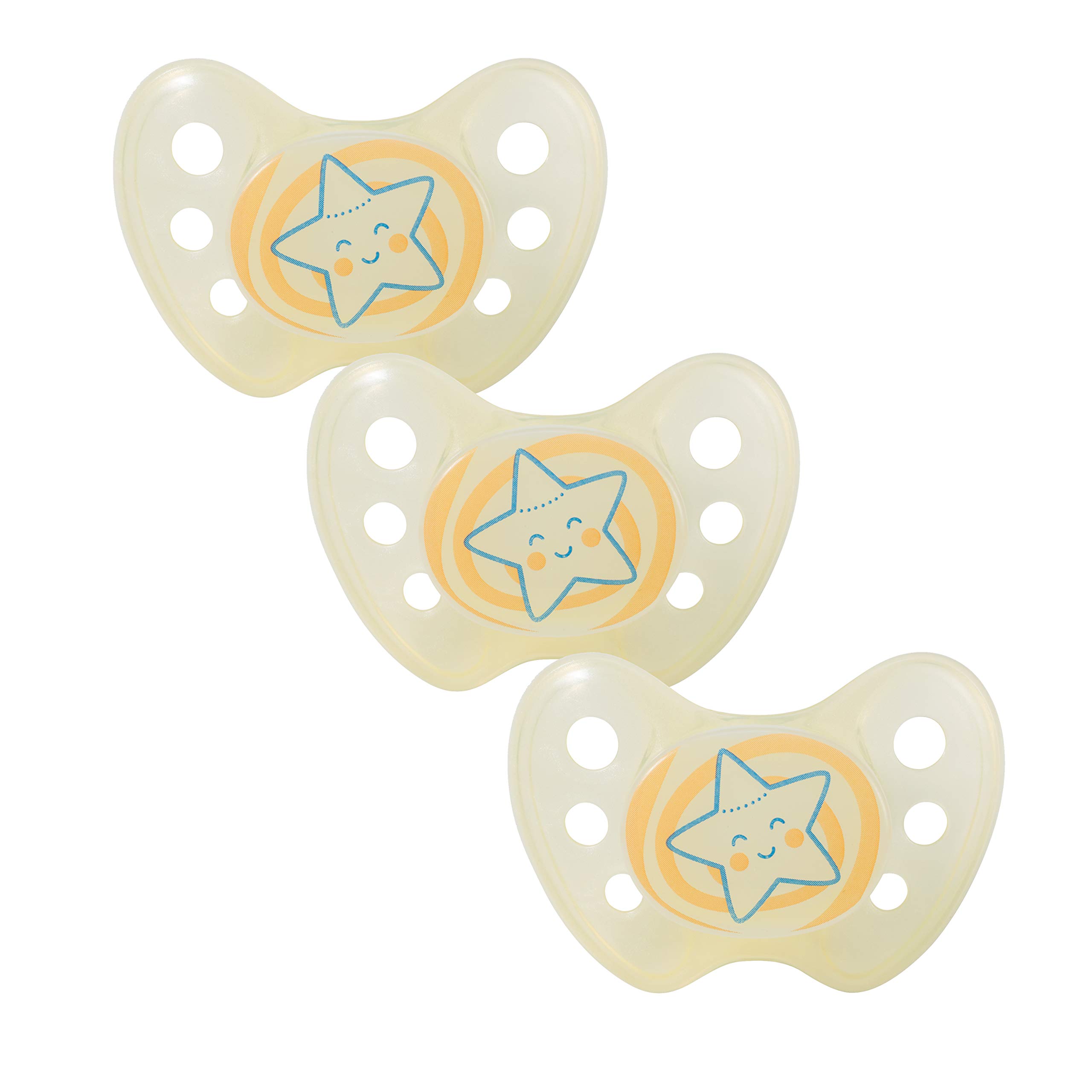 dentistar Night Silicone Soother Set of 3 - Size 2, 6-14 Months - Silicone Soother with Dental Step - Glow in The Dark Baby Dummy - Made in Germany - Star, Yellow