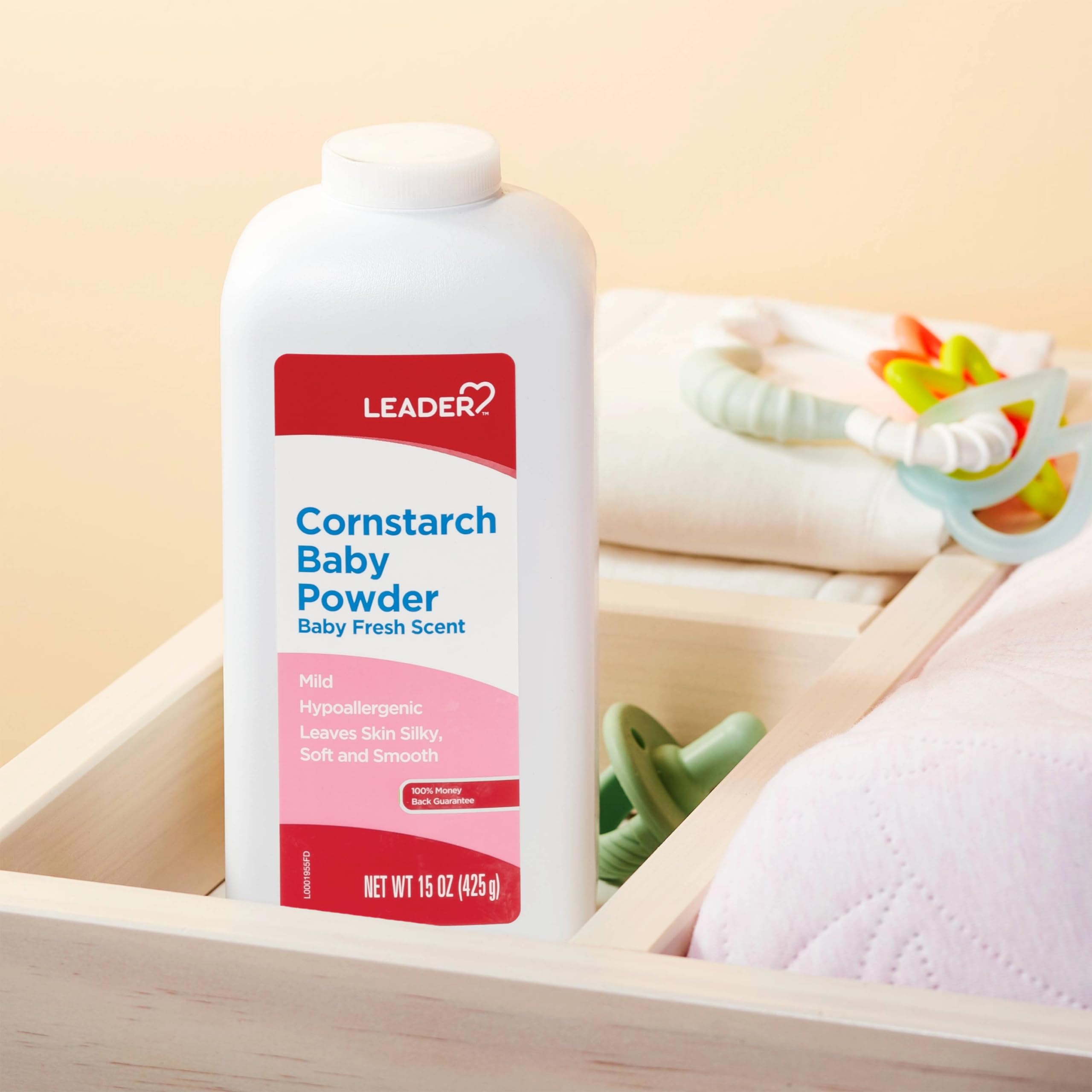 LEADER Cornstarch Baby Powder, Naturally Derived Cornstarch Aloe & Vitamin E, Hypoallergenic, Leaves Skin Silky, Soft and Smooth, Baby Fresh Scent, 15 Ounce (Pack of 2)