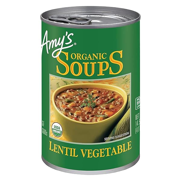 AMY’S SOUP, VEGAN LENTIL VEGETABLE SOUP, GLUTEN FREE, MADE WITH ORGANIC CELERY, CARROTS, POTATOES AND SPINACH, CANNED SOUP, 14.5 OZ