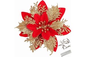 GREENTIME 12 Pcs Glitter Poinsettia 5.5" Artificial Flowers Christmas with Clips Stems Xmas Tree Ornaments for New Year Party Stairs Fireplace Porch Balcony Garden Church Wreath Decoration (Red Gold)