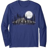 Mountain Forest, Moon and Stars Night Sky Long Sleeve T-Shirt