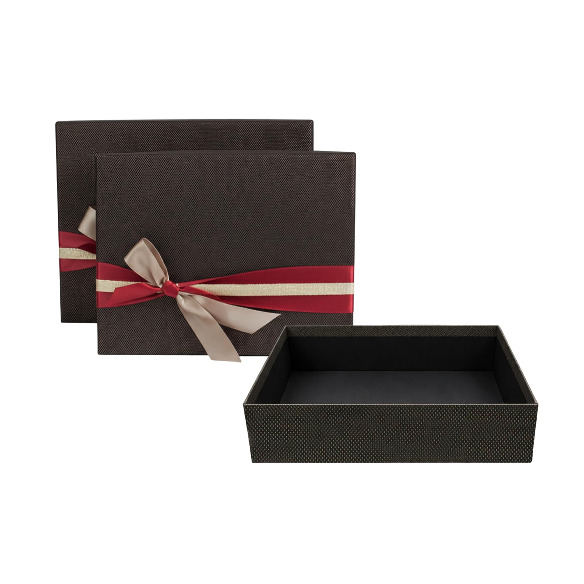 Emartbuy Set of 3 Gift Box, Dark Brown Box with Lid and Red Gold Satin Decorative Ribbon