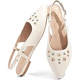 LUCKY STEP Women's Slingback Flats Studded Pointed Toe Slip On Adjustable Buckle Strap Low Heel Sandals Wedding Low Heel Dress Ballet Party Shoes