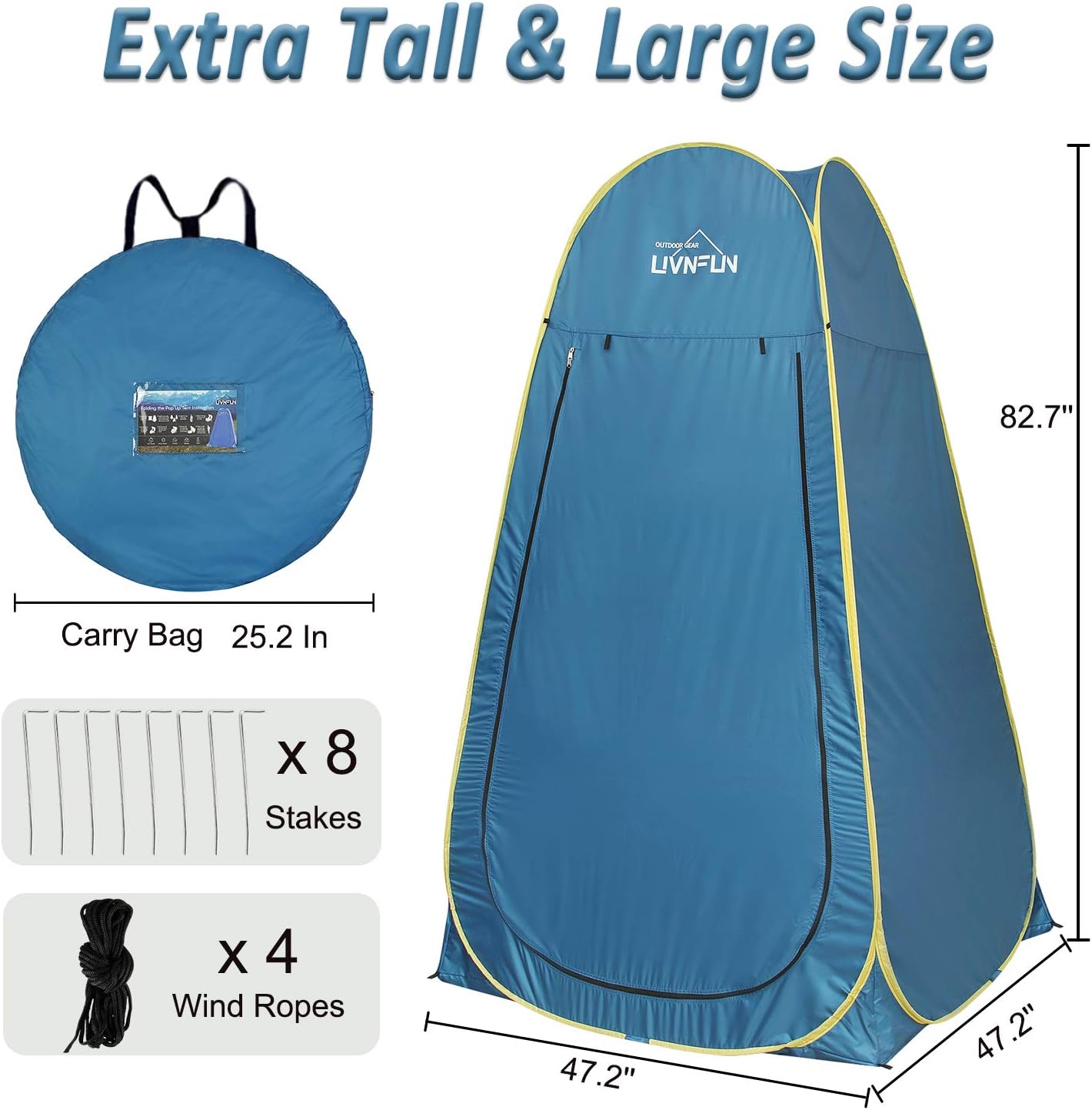 6.9 FT Pop Up Camping Shower Tent, Portable Changing Room Privacy Shelter Tent for Outdoor Camping Toilet with Carrying Bag, Extra Tall - Blue: Sports & Outdoors