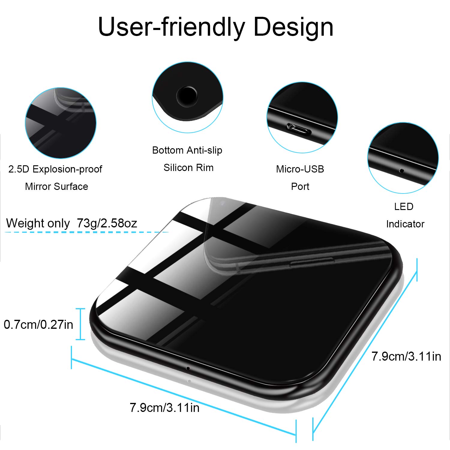 Wireless Charger , Ultra-Slim Fast Charging 7.5w for iPhone X, iPhone 8/8 Plus, 10w for Samsung S9 / S9 + / S8 / S8 + / S7 / Note 8, Inductive Charging Station Qi Charger Power Wireless Pad (AC adapter not included)