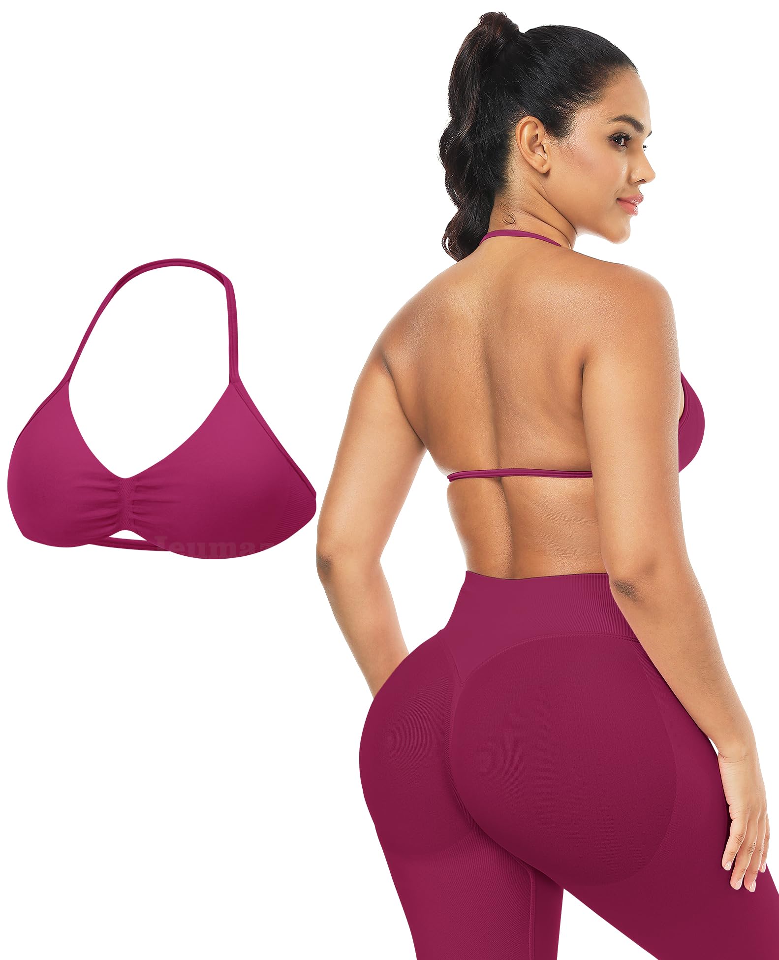 Photo 1 of (red, xs) Ieumaz Impact Strappy Sports Bras for Women Seamless Padded Twill Knit Deep V Halter Workout Gym Tops Yoga Bras for Women