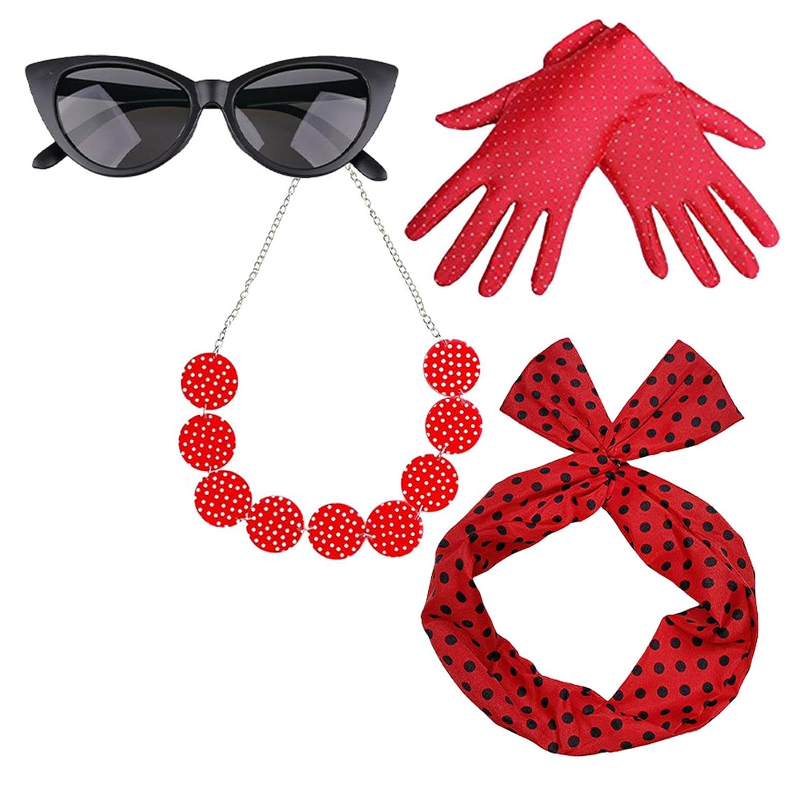 JIAHG Ladies 1950s Vintage Costume Accessories with Black Dot Girls Women Bandana Tie Headband Cat Eye Glasses Gloves Necklace Outfit for Halloween Cosplay Themed Party Stage Dancer