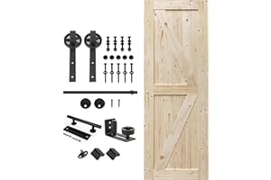 S&Z TOPHAND 30 in. x 84 in. Unfinished British Brace Knotty Barn Door with 5FT Sliding Door Hardware Kit/Solid Wood/Double Surfaces/A Simple Assembly is Required