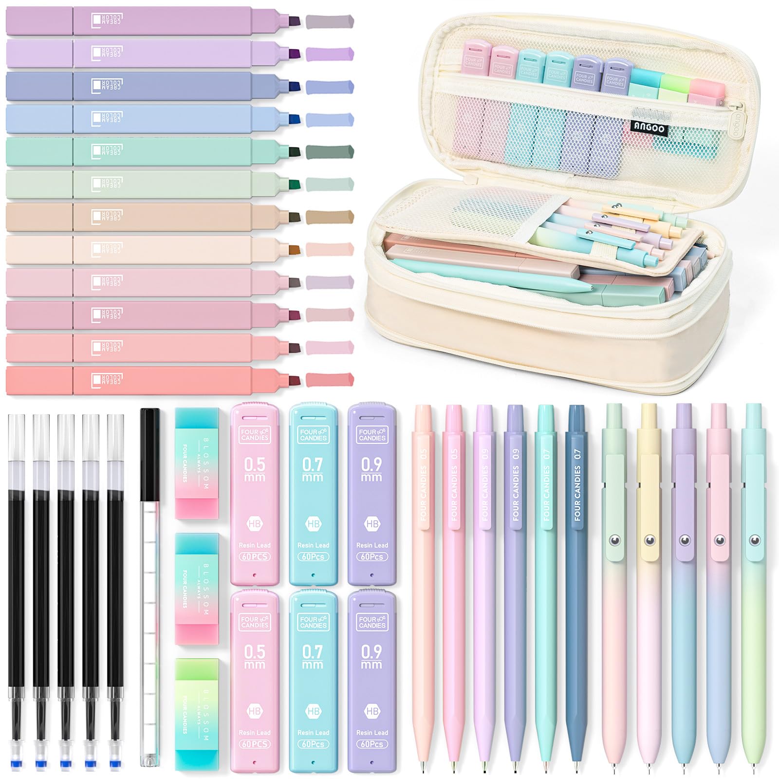 Photo 1 of Four Candies 39 PCS Cute School Supplies with Pen Case for Girls - 5 Black Ink Gel Pens, 12 Pastel Highlighters, 6 Aesthetic Mechanical Pencils Set for Stationary College Essentials (Cream)