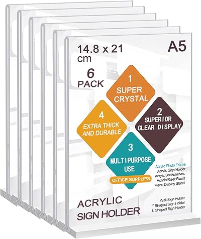 ROSSHINE A5 Acrylic Sign Holder 6 Pack T Shape Double Sided Clear Menu Stands