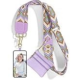 Nipichsha Crossbody Phone Strap with Wallet, Clip and Go Strap for Phone with Wallet, Adjustable Crossbody Cell Belt with Zippered Pouch, Neck Shoulder Cell Lanyard for Women, Purple Geometry