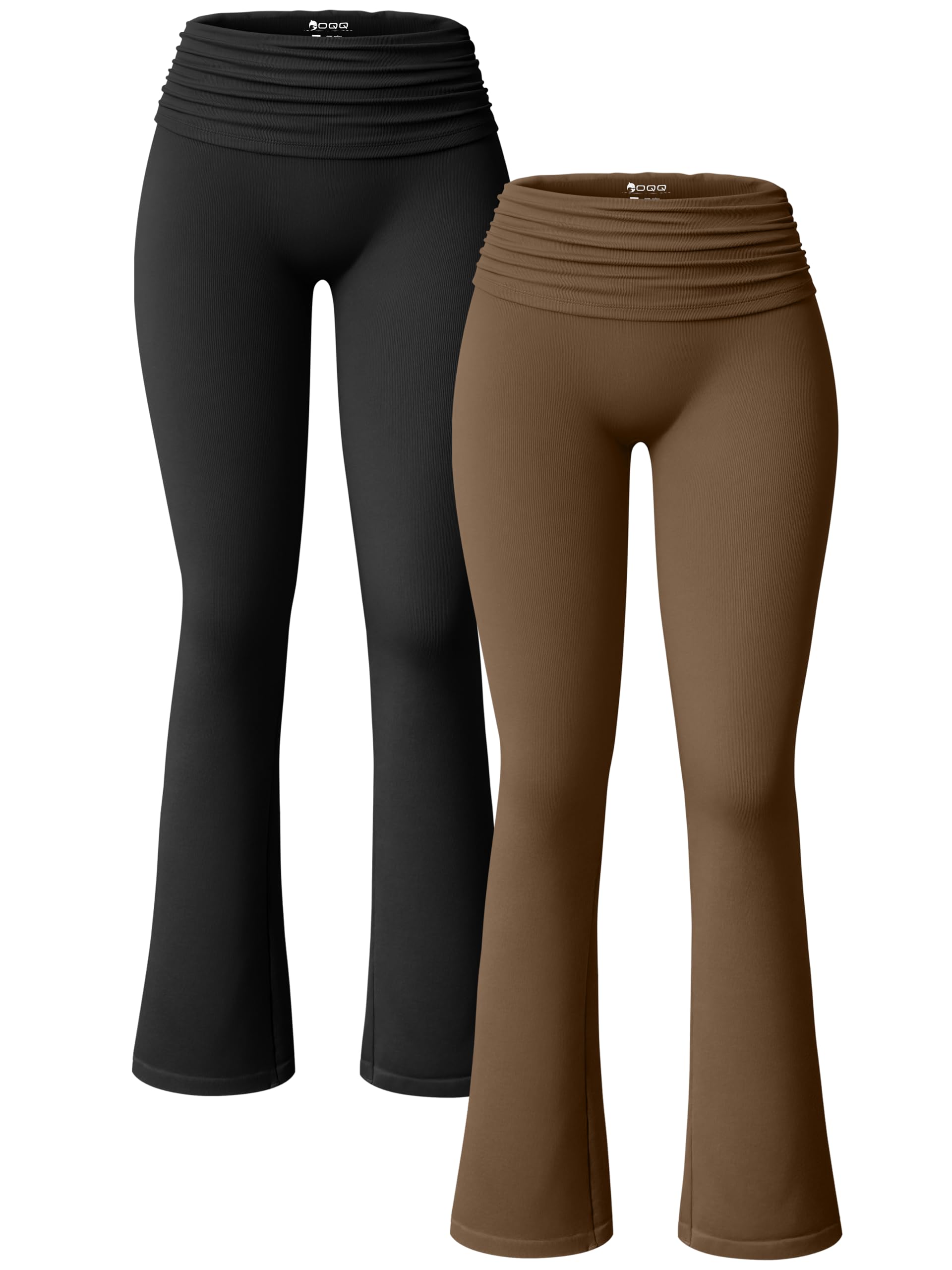 Photo 1 of ***MISSING BROWN PAIR*** OQQ Women's 2 Piece Flared Pants Ribbed Fold Over Kick Ruched Stretch High Waist Casual Wide Leg Black Coffee